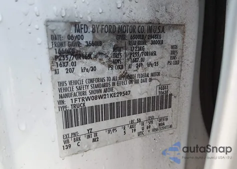 2001 Ford F-150 King Ranch Edition/Lariat/Xlt z USA, uszkodzony, nr VIN 1FTRW08W21KE29547